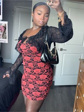 Vintage Made in USA UK2LA Black and Red Floral Strapless Dress
